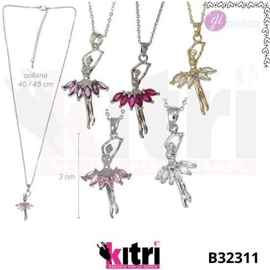 Collana in metallo argentata con ballerina e zirconi