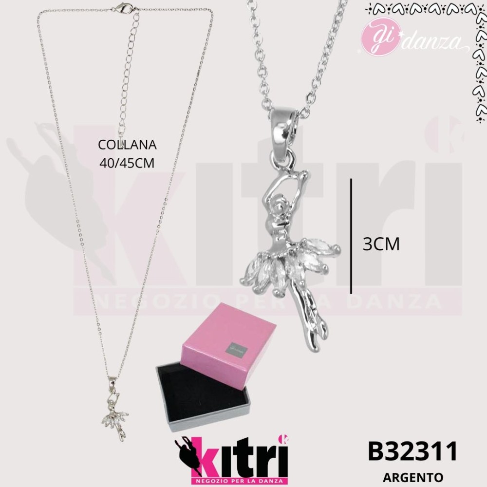 Collana in metallo argentata con ballerina e zirconi