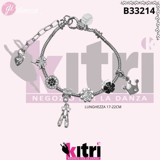 Bracciale in metallo con charms punte ballerina, diadema e strass