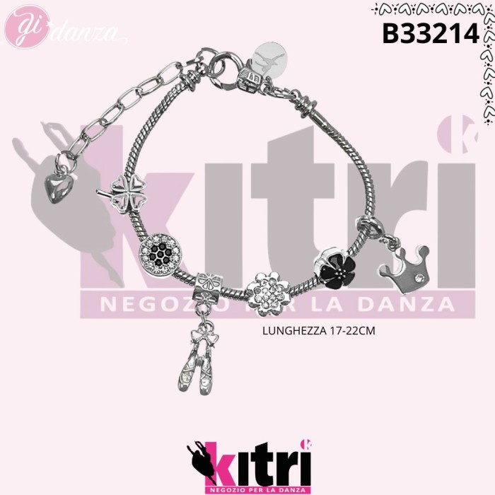 Bracciale in metallo con charms punte ballerina, diadema e strass